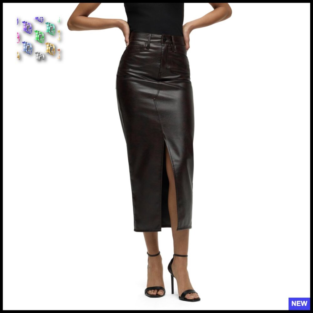 Reconstructed Midi Skirt High Rise Vegan Leather Chic Formal Professional